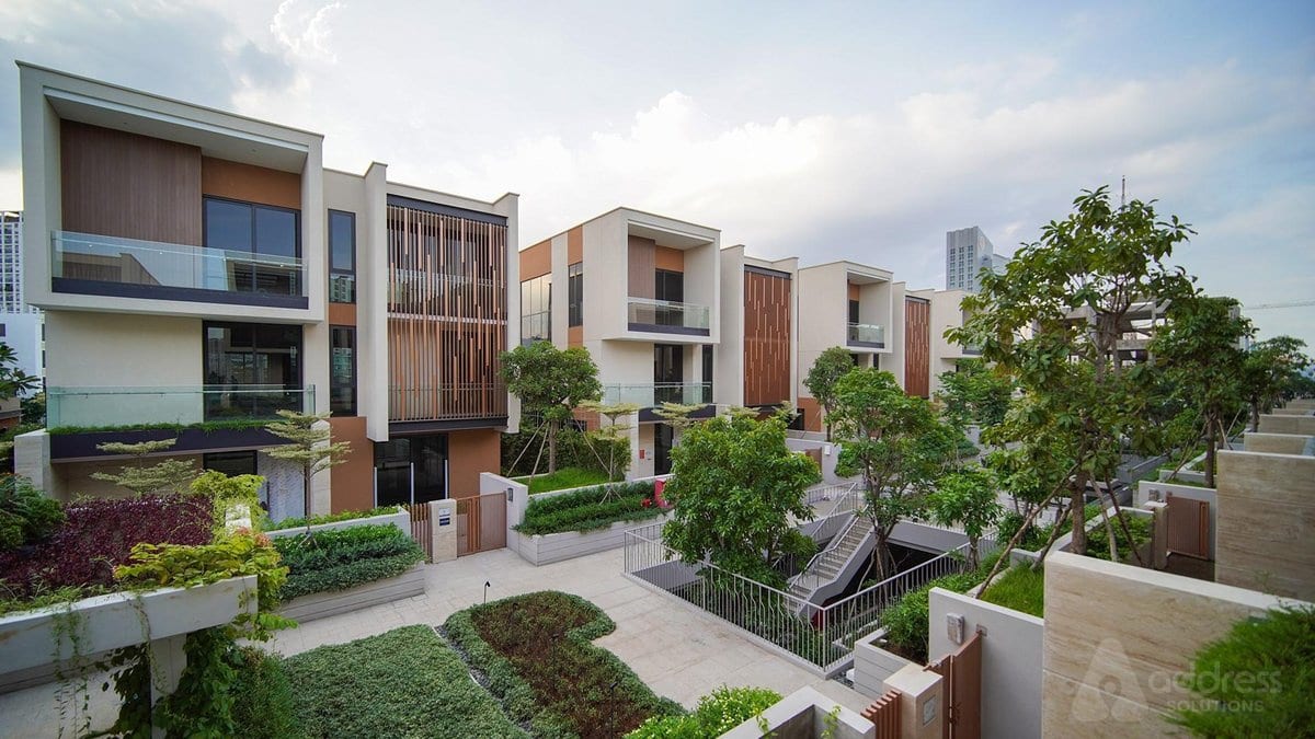 Modern residential villa community with landscaped gardens